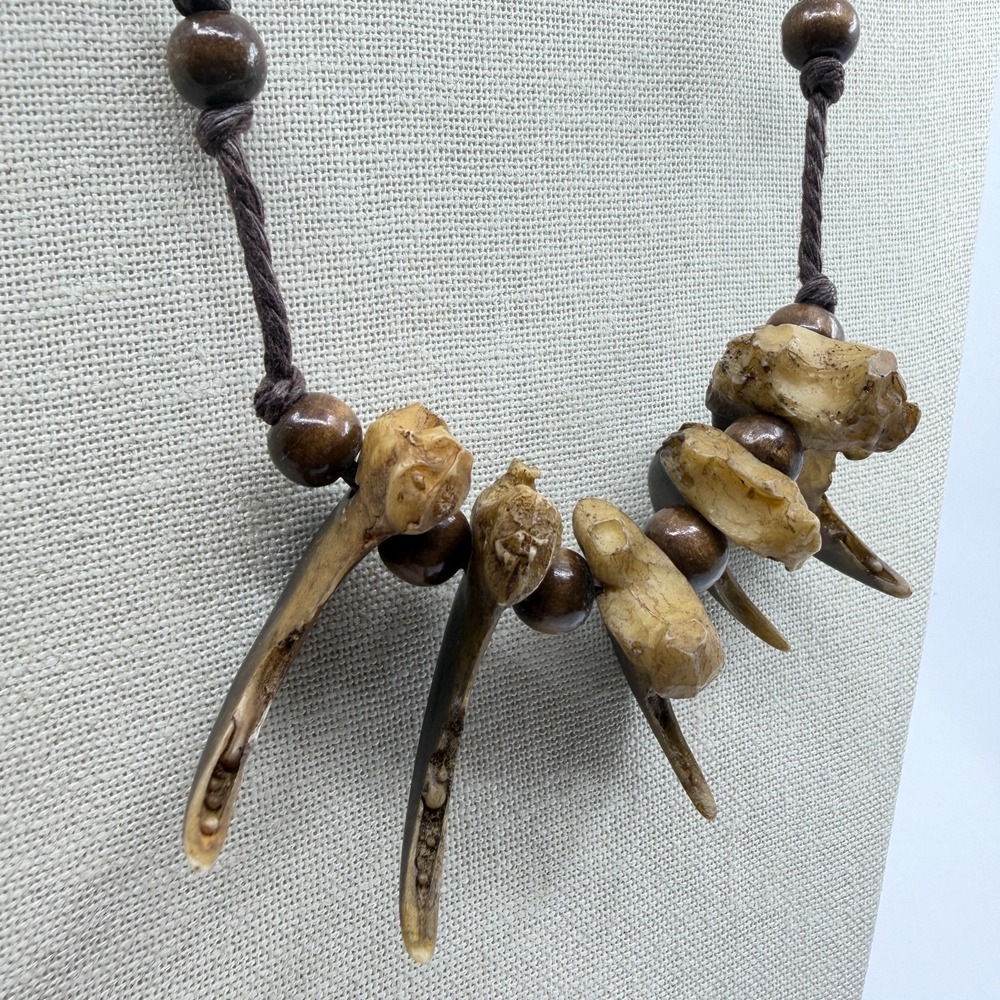 Animal Claw Look Bone Pendant Wood Bead Brown Cord Necklace Tribal Gothic Boho - Picture 5 of 12